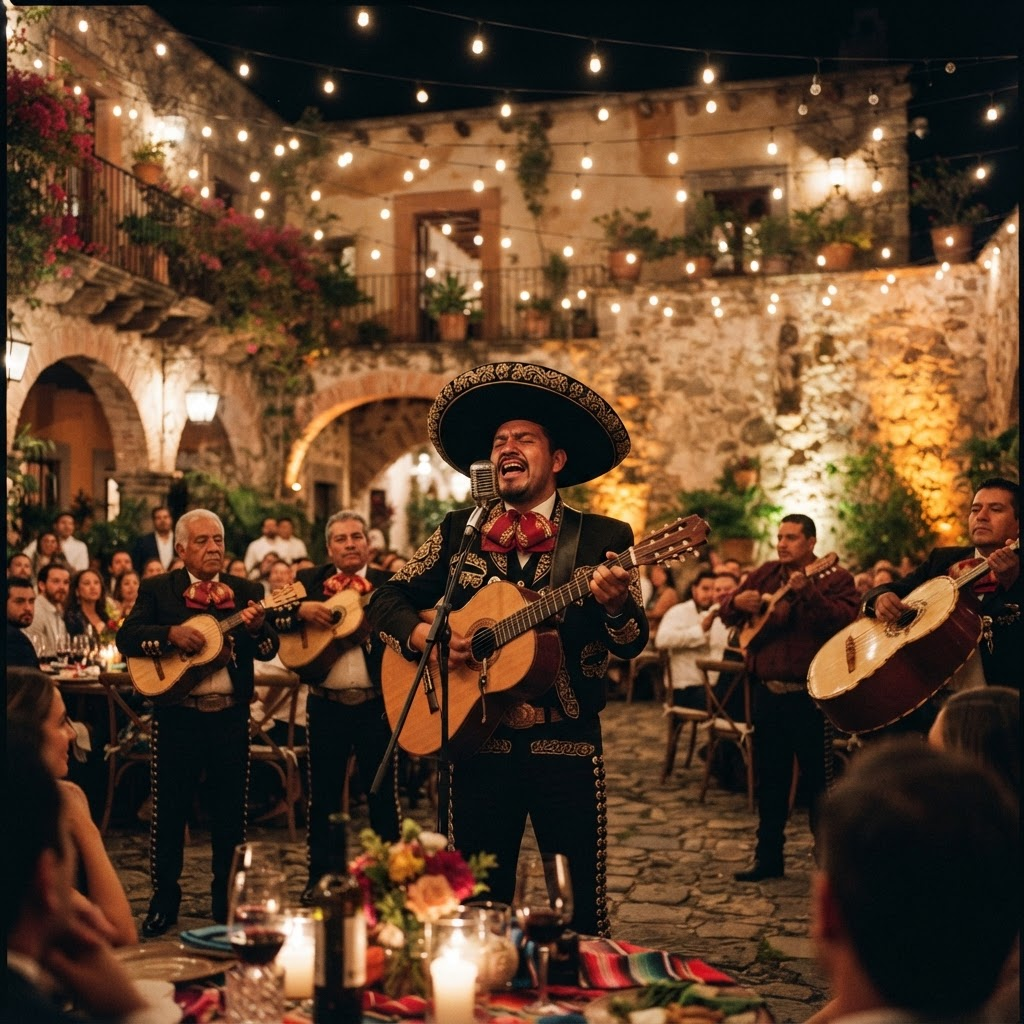 Serenata nocturna bajo luces cálidas en el patio de una hacienda