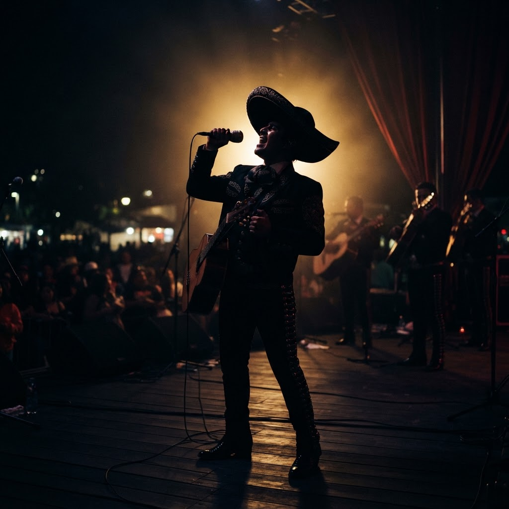Silueta del cantante interpretando en un escenario al aire libre de noche